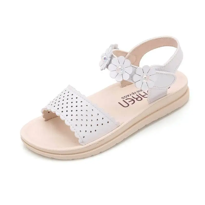 

Fashion Girl Sandals Cute Flower Beading Hollow Princess Shoes Leather Flat Heel No-slip Girls 12 13 Years Old Beach Sandals