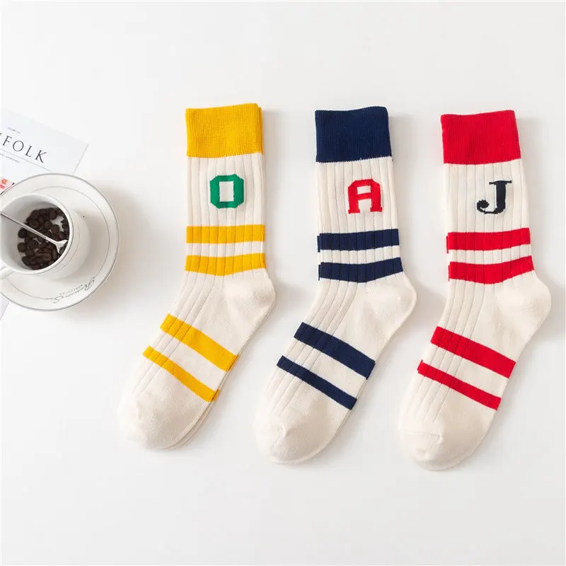 Женские хлопковые носки в полоску с буквенным принтом, двухцветные длинные носки, простые антифрикционные носки для скейтборда для женщин