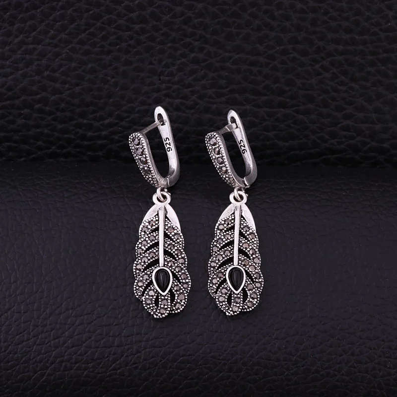 Sellsets New Vintage Silver Color Feather Earring Black CZ Rhinestone Dangle Drop Earrings Women Jewelry Party Gift