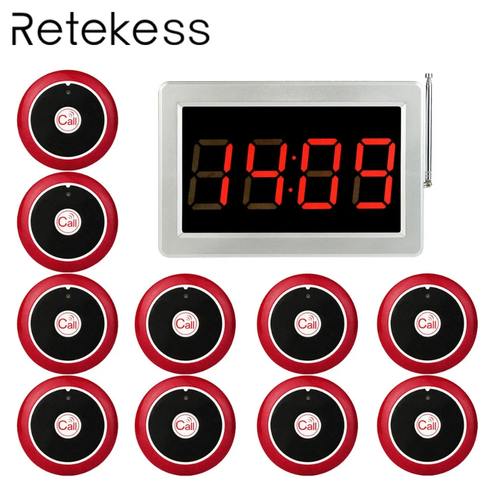 

RETEKESS 999 Channel RF Wireless Calling System For Restaurant Service Pager System 1 Receiver Host + 10 one-key Call Button