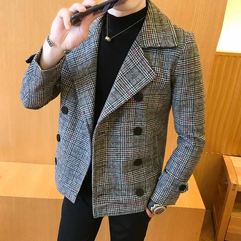 

2018 autumn and winter new youth men's casual slim plaid long-sleeved wool double-breasted British coat jacket male