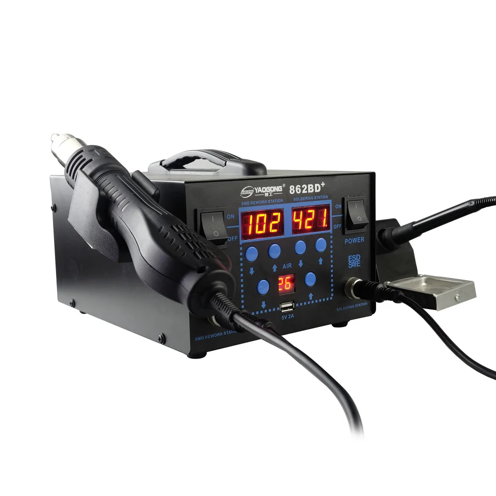 YAOGONG New 862BD+ 2 In 1 Hot Air SMD digital variable Soldering Rework Station kit for phone computer pcb repair YAOGONG New 862BD+ 2 In 1 Hot Air SMD digital variable Soldering Rework Station kit for phone computer pcb repair