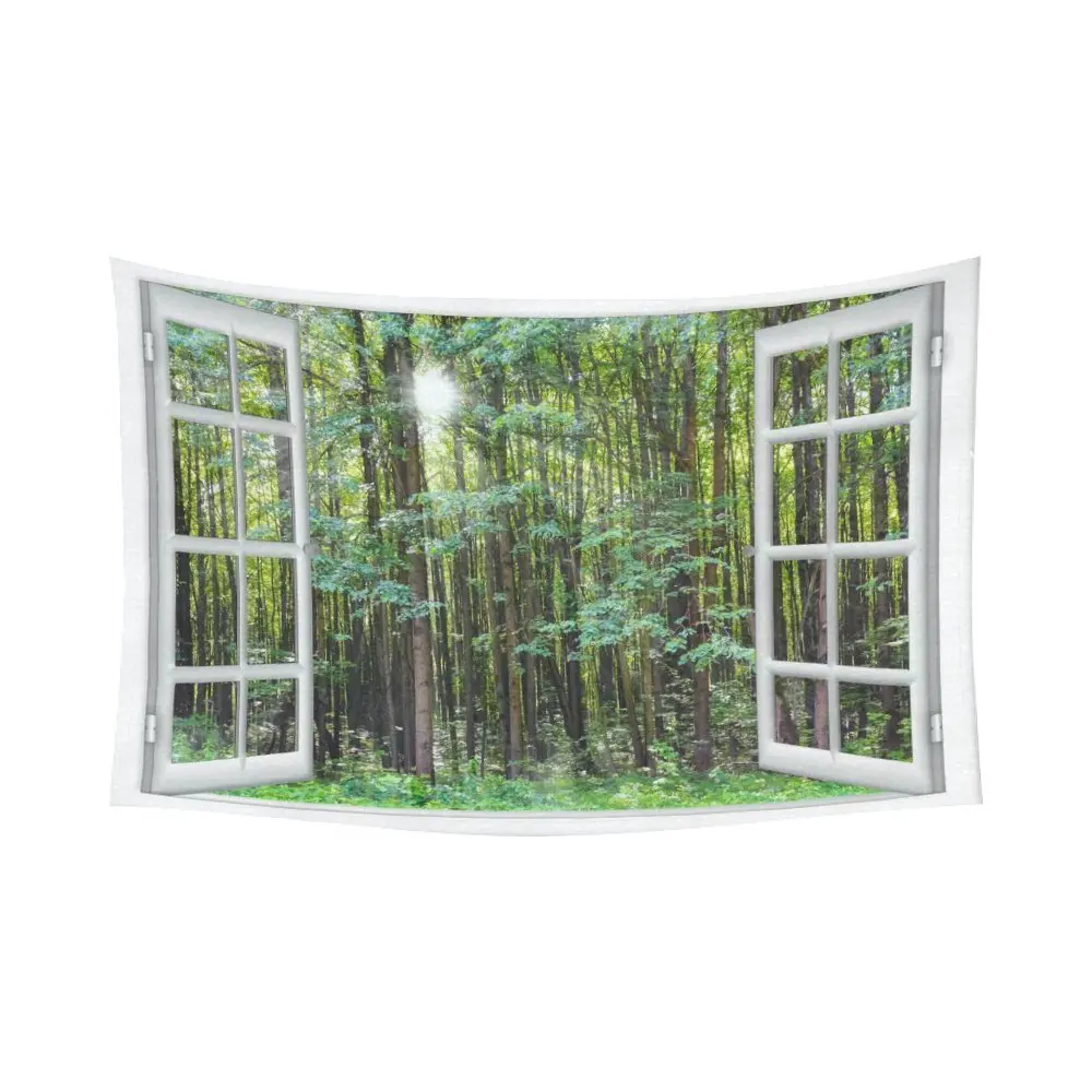 

Landscape Nature Scenery Wall Art Home Decor, Beautiful Sunrise Green Forest View from the Window Tapestry Wall Hanging Art Sets