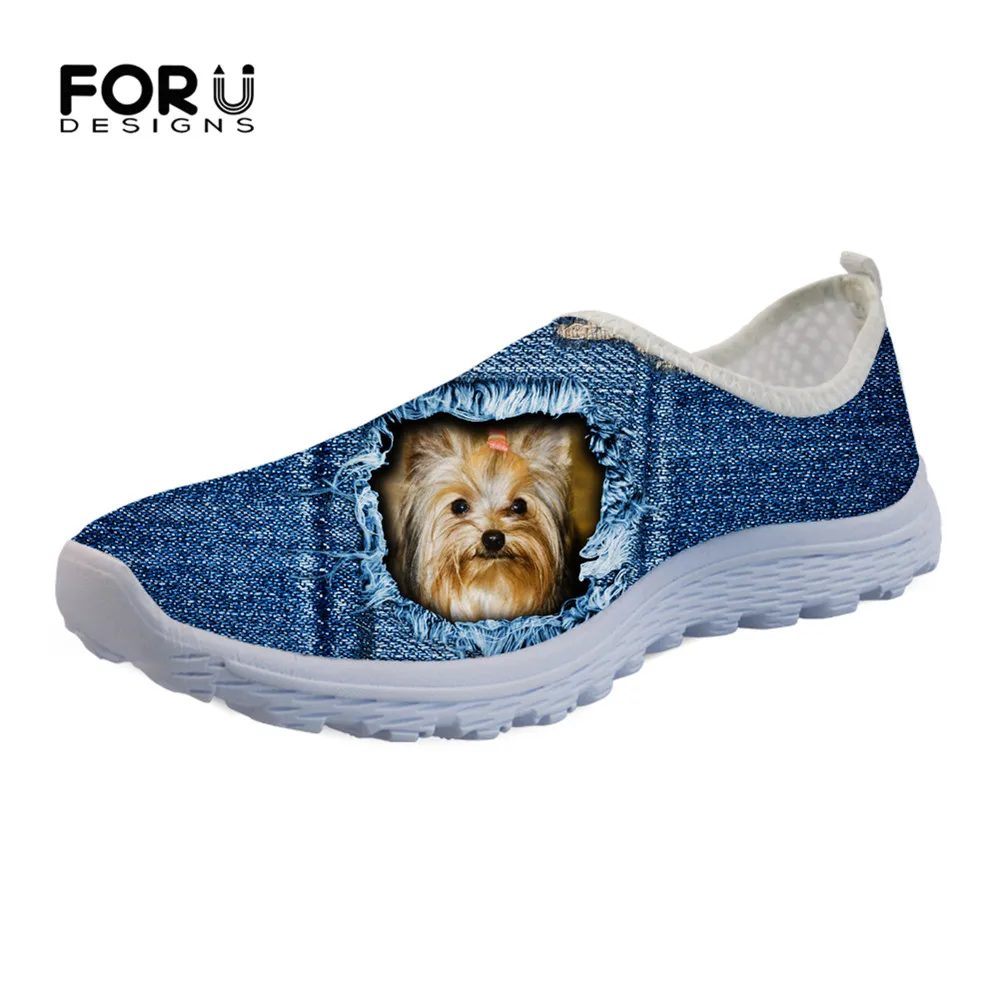 

FORUDESIGNS Flats Jeans Style Women's Sneakers Denim Cute Animal Yorkshire Pattern Women Spring Summer Mesh Shoes Zapatos Mujer