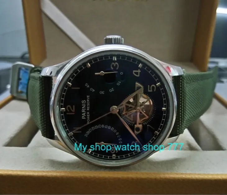 

43mm PARNIS black dial power reserve Automatic Self-Wind Mechanical movement men's watch Nylon Starps zdgd78A