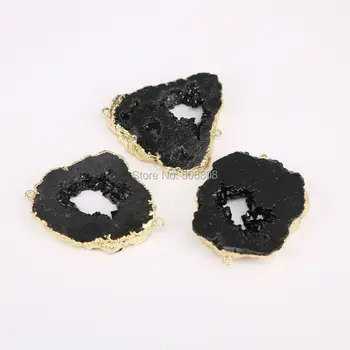 

4PCS ZYZ-C5890 Black geode quartz stone beads, drusy gems stone charm beads, gold color jewelry connector beads
