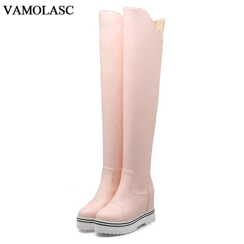 VAMOLASC New font b Women b font Autumn Winter Warm Leather Over the Knee Boots Wedges