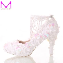 Beautiful White Bride Shoes Lace Platform Formal Dress Shoes with Ankle Straps Glitter Sequins Party Prom Pumps Pointed Toe