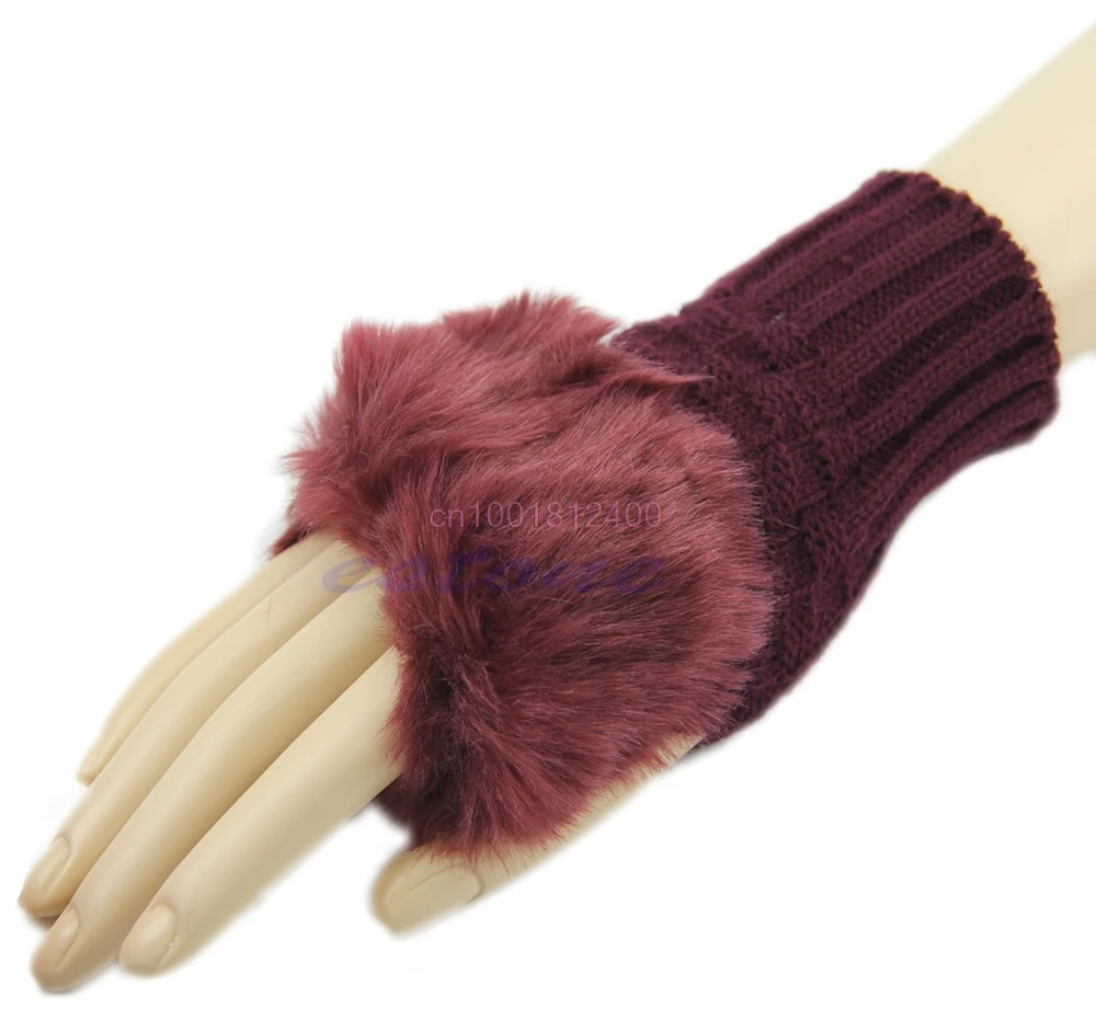 Модные перчатки для девушек, женщин, без пальцев, меховые, зимние, теплые, на запястье, вязаные, шерстяные, варежки, перчатки, 9 цветов - Цвет: wr