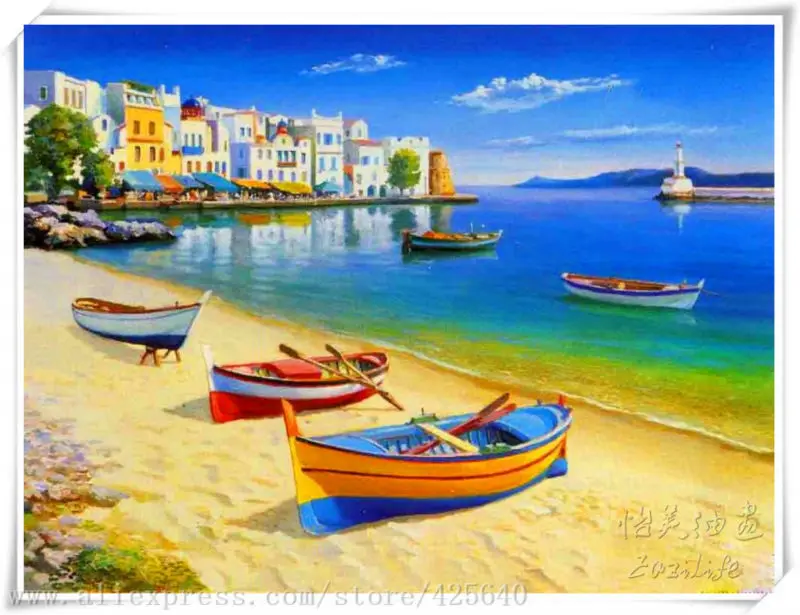 

Boats in the Seaside Mediterranean Blue Sea Seascape Oil painting on canvas hight Quality Hand-painted Painting