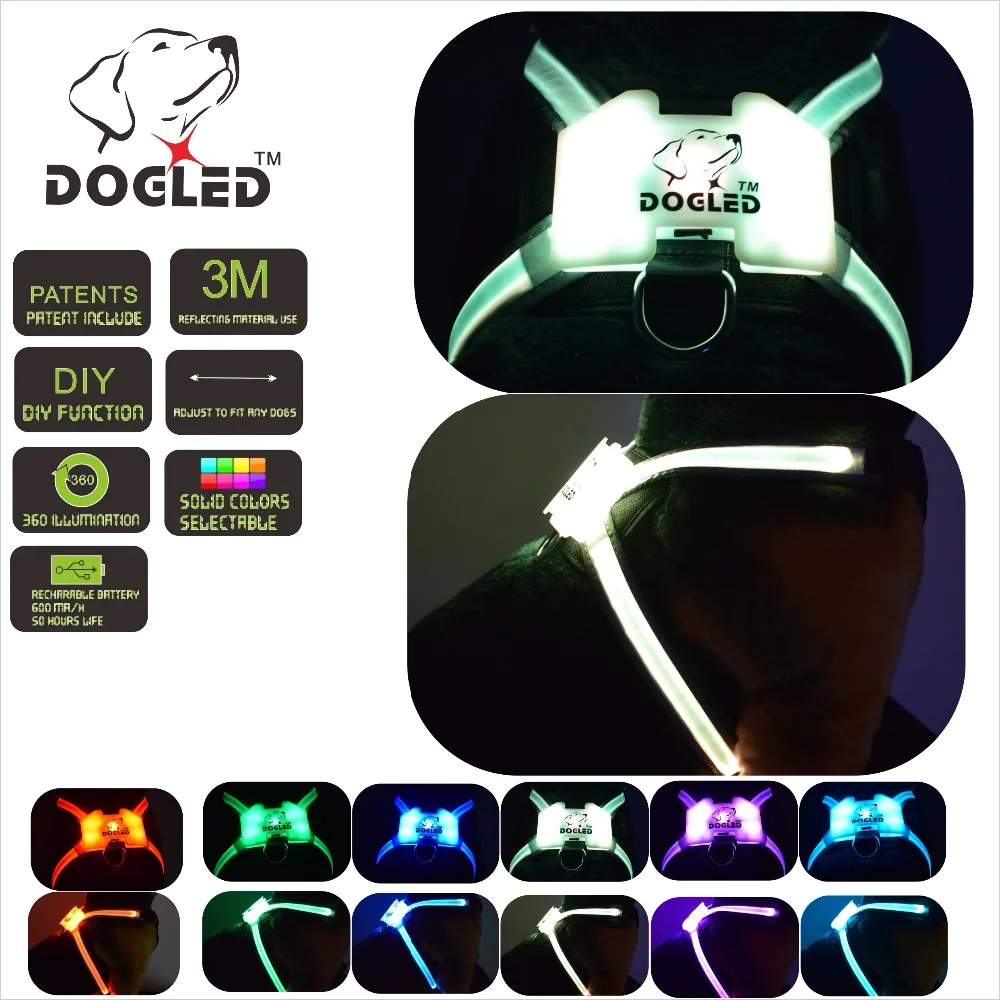 

led dog harness multicolor 7 in 1 USB recharable multi function dog harness rainroof DIY dogharness large size