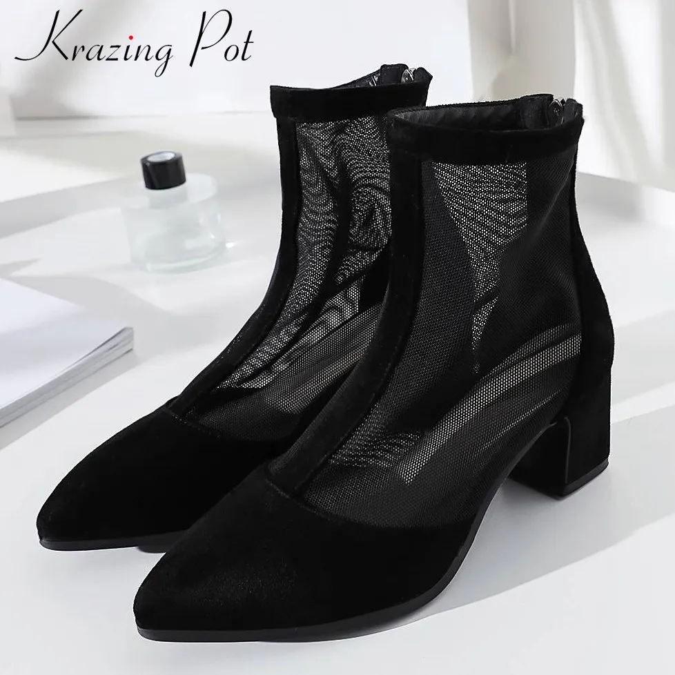 

Krazing Pot elegant gorgeous mid-calf Spring boots brand plus size chunky heels zipper pointed toe breathable mesh shoes L1f2