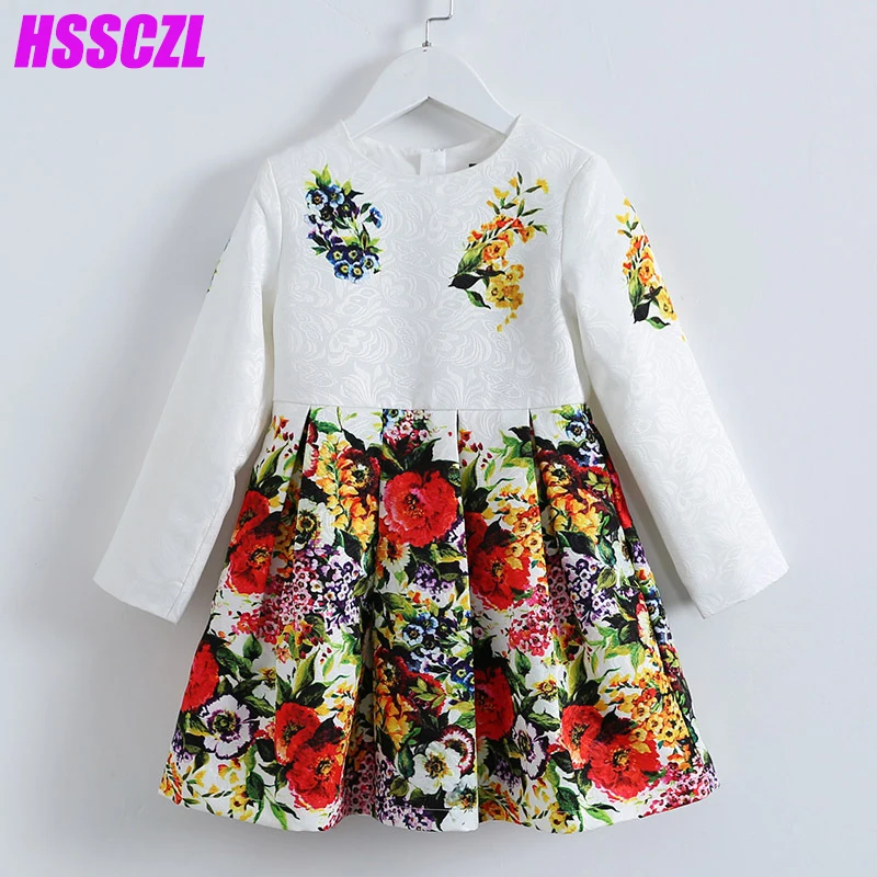 

HSSCZL 2017 girls dresses full sleeve brand print long girl dress flower cotton+polyester o-neck high-quality regular