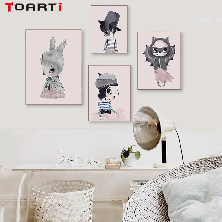 Aestheticism Cartoon Wall Art Animals Girl Pink Canvas Painting Vintage Posters&Prints Girls Bedroom Nursery Home Decor Pictures (3)
