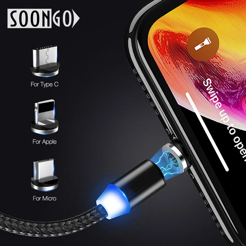 SOONGO 1 м светодиодный магнитный usb-кабель Магнитный штекер USB type C Micro usb IOS Разъем для samsung huawei xiaomi iPhone Xs Xr X 8 7 6 Plus 5