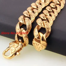 New Fashion Mens Bangle 15mm Solid Gold color Stainless Steel Cast Flower Cuban Link Chain Bracelet 9″ Jewelry, top Quality