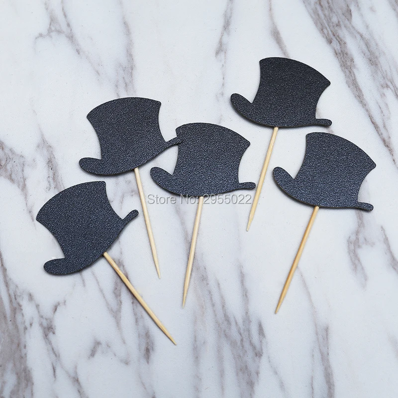 Magician hat Cupcake Toppers, Black hat cupcake toppers,table
