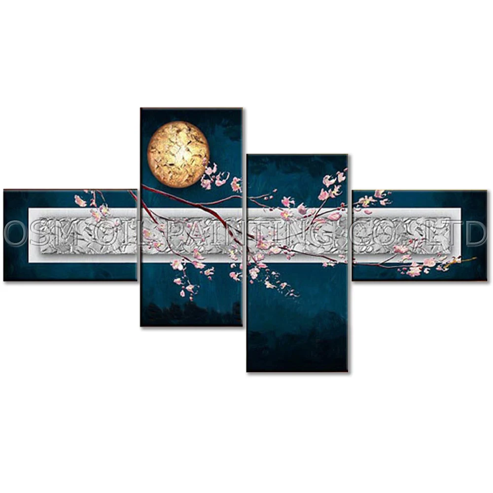 

Dafen Oil Painting Village Artist Handmade High Quality 4 Panels Abstract Wintersweet Flowers Oil Painting for Living Room