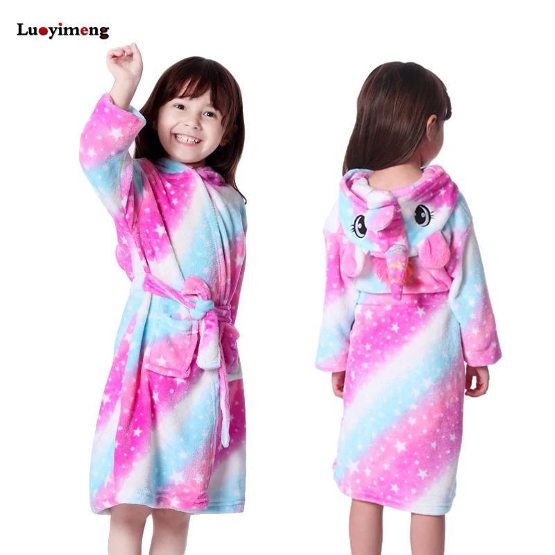 Детский халат для девочек, пижамы с кигуруми Единорог, Детские флисовые халаты для мальчиков, ночная рубашка, детская одежда для сна, банный халат с капюшоном - Цвет: pink star