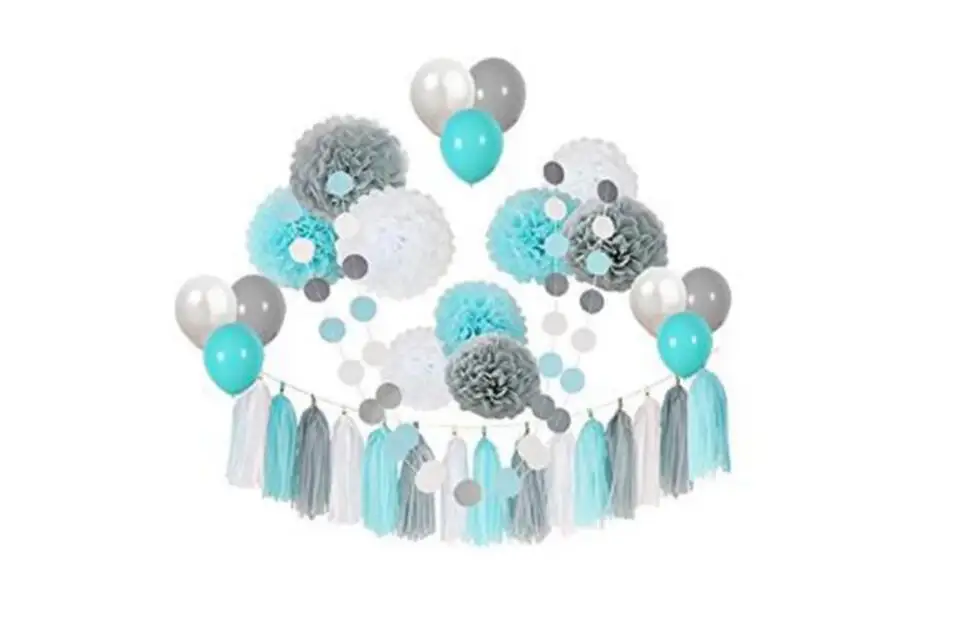 

44pcs Baby Shower Decor Teal Blue Gray White Paper Pom Poms Flowers Tissue Tassel Polka Dot Paper Garland Balloons