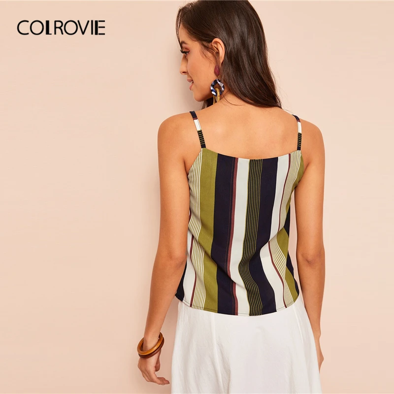 COLROVIE Multicolor Spaghetti Strap Striped Casual Cami Top Women Summer Streetwear Color Block Sexy Ladies Tee Shirts