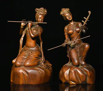 

wedding decoration 6" Folk Collect Boxwood wood Carve play music beautiful woman pretty Statue Pair Christmas