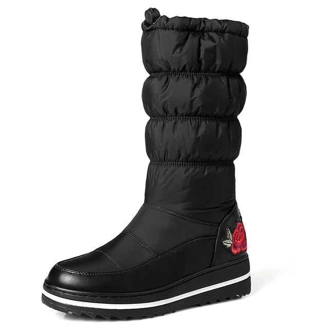 REAVE CAT Snow boots Fashion PU Down Boots Mid Calf Elastic Band Shoes