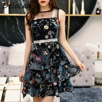 

Delocah Women Summer Cupcake Drerss Runway Fashion Designer Sleeveless Geometric Print Mesh Lace Elegant Vintage Short Dresses