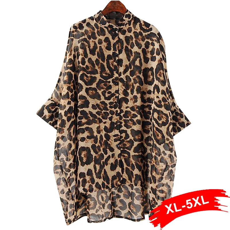 

Plus Size 5XL Irregular Leopard Print Chiffon Blouse Women Single Breasted Batwing Three Quarter Sleeve Casual Loose Boho Blusa