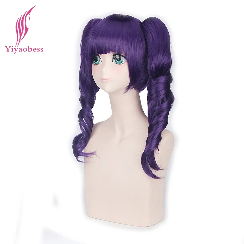 Yiyaobess 18 дюймов синтетический отбеливатель Длинный фиолетовый косплей парик с челкой костюм на Хэллоуин волнистые волосы парики с двойными хвостиками