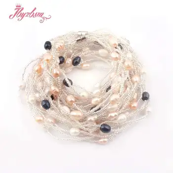 

6-8mm Natural Oval Freshwater Pearl Tiny Beads Necklace 17" Bracelets 6.5" For Women Christmas New Year Gift 1 Set,Magnet Button