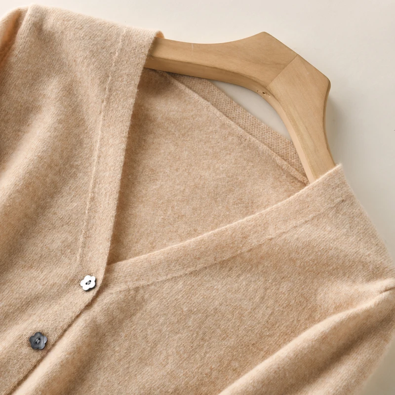 

Women Cardigan 100% Cashmere and Wool Knitting Jackets Ladies V-neck Soft Cardigan Sweater Coat Solid Long Sleeve High-end Tops