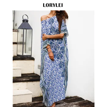 

Blue Casual Print Batwing Sleeve Maxi Dress Plus Size Cotton Women Tunic Summer Beach Wear Long Dress Robe de Plage sarongs Q642