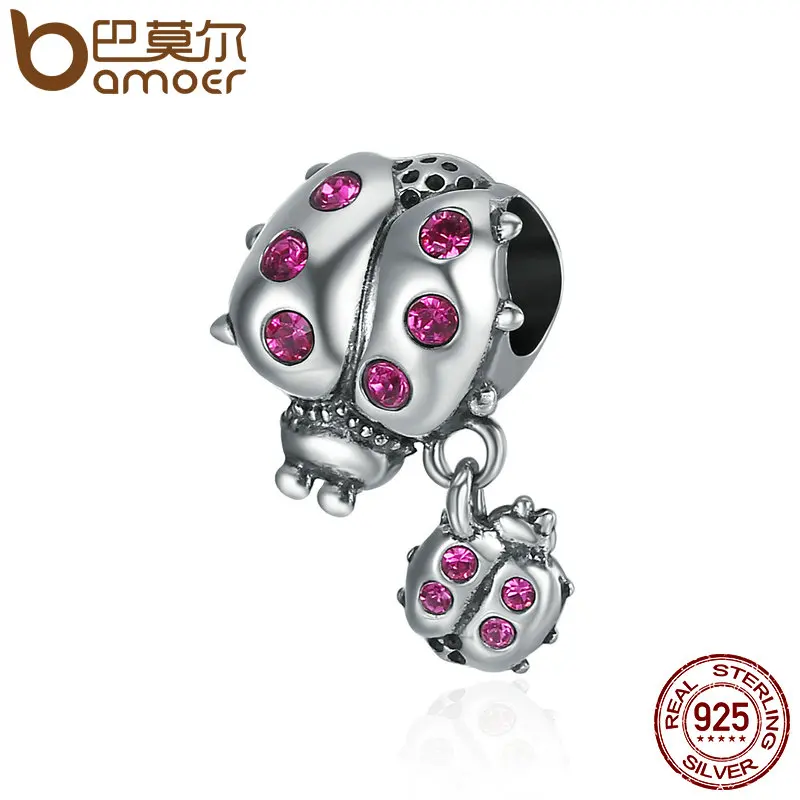 BAMOER Genuine 925 Sterling Silver Ladybug Story Clear CZ Dangle Charm Pendant fit Women Charm Bracelet Necklace Jewelry SCC364