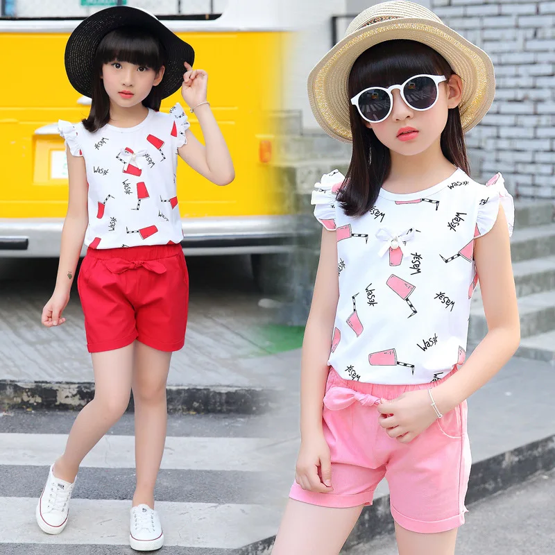 

Kids Girls Clothing Set Summer T Shirt & Shorts Print Sleeveless Children Teenage Suits For Girls 3 4 6 8 10 12 Years