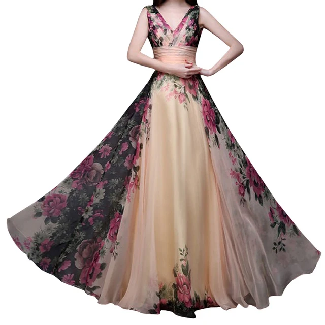 Flower Pattern Floral Print Dress Gown Party Long Dresses 2018in