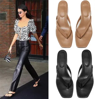 

Leather Square Toe Summer Slippers Women Designer Female Kitten Heels Flip Flops Outdoor Party 2019 Fashion Woman Slides Shoes