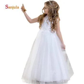 

White Tulle A-Line Flower Girls Dresses Appliques Back Sashes Charming First Communion Dresses vestido de daminha D161