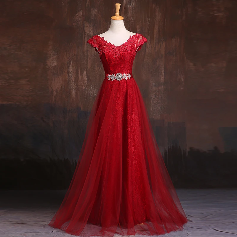 CEEWHY Burgundy Appliques Lace Evening Dresses Long Prom Dresses Crystal Evning Gown Robe De Soiree Longo Vestidos de Festa