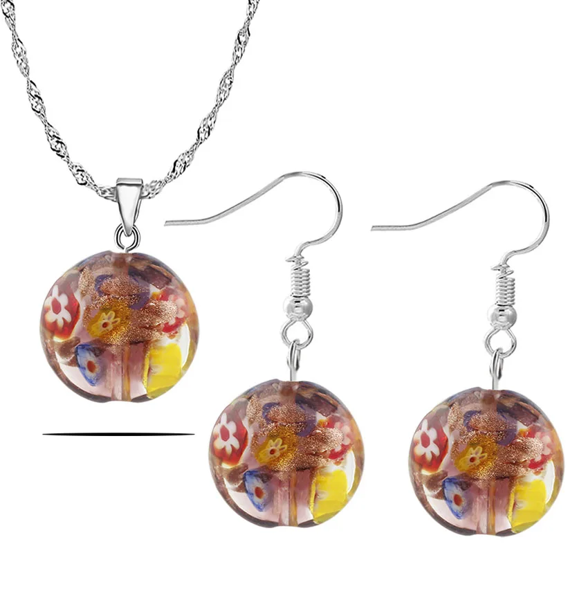 QianBei Murano Lampwork стеклянные цветы серебро P красота талисманы ожерелье+ серьги для женщин подарок - Окраска металла: MM0137C20S