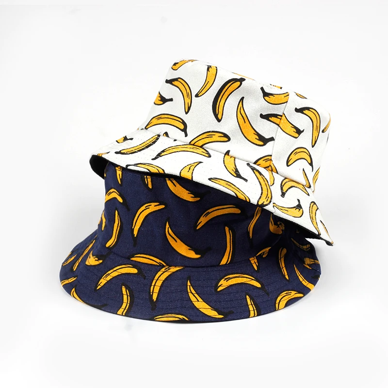 

Women Casual Banana Print navy Bucket Hat 2018 Summer Men Foldable Beach Sunscreen Wide Brim Flat Top Sun bonnet