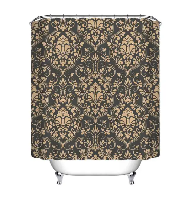 LB Black Damask Baroque Shower Curtain Bathroom Luxury Vintage Art