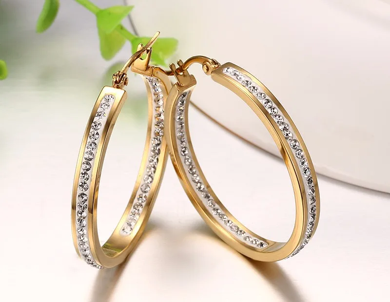 Золото Цвет Стразы Серьги-кольца Нержавеющая сталь Кристаллические серьги для Для женщин тонкой Модные украшения