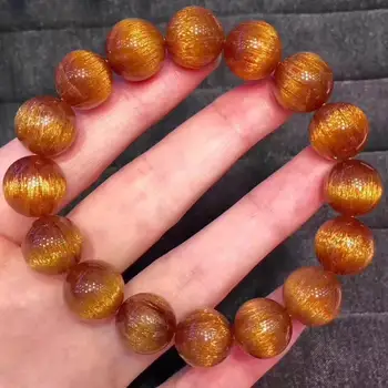 

FREE SHIPPING Natural Copper Rutilated Quartz Cat Eye Crystal Beads Bracelet 13.5mm AAAAAA