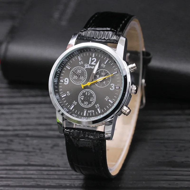 

Fashion Faux Leather Mens Analog Quarts Watches Blue Ray Men Wrist Watch