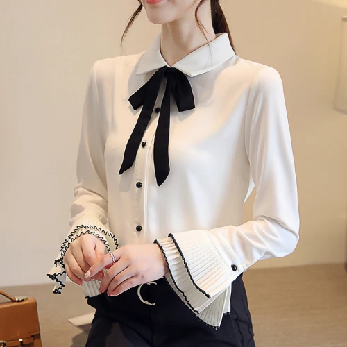 

Spring Korean Version Chiffon Women White Shirt 2019 New Style Autumn Single-breasted Bow Work Wear Female Fashion Slim Blouses