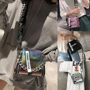 

2019 Newest Hot Women Handbag Shoulder Bag Purse Fashion Letter Street Style PU Leather Big Metal Chains Messenger Laser Bags