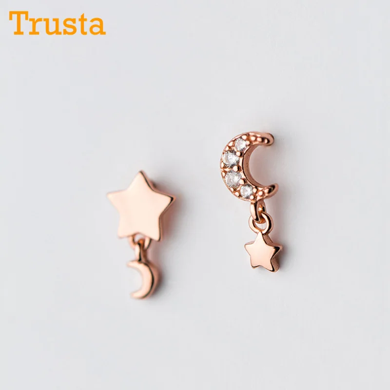 

Trusta 2018 100% 925 Sterling Silver Jewelry Fashion Cute Asymmetric Rose Star Moon Stud Earrings Gift For Girls Kids Lady DS520