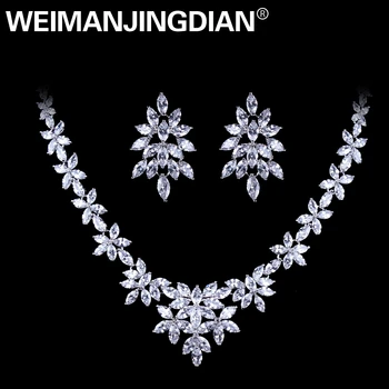 

WEIMANJINGDIAN White Gold Color Plated Cubic Zirconia Floral Design Zircon CZ Necklace & Earring Wedding Bridal Jewelry Sets