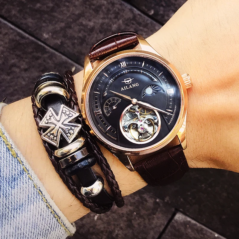 

Quality Tourbillon Men's Watch Men Sun And Moon Phase Automatic Swiss Diesel Watches Man Mechanical Transparent Steampunk AILANG
